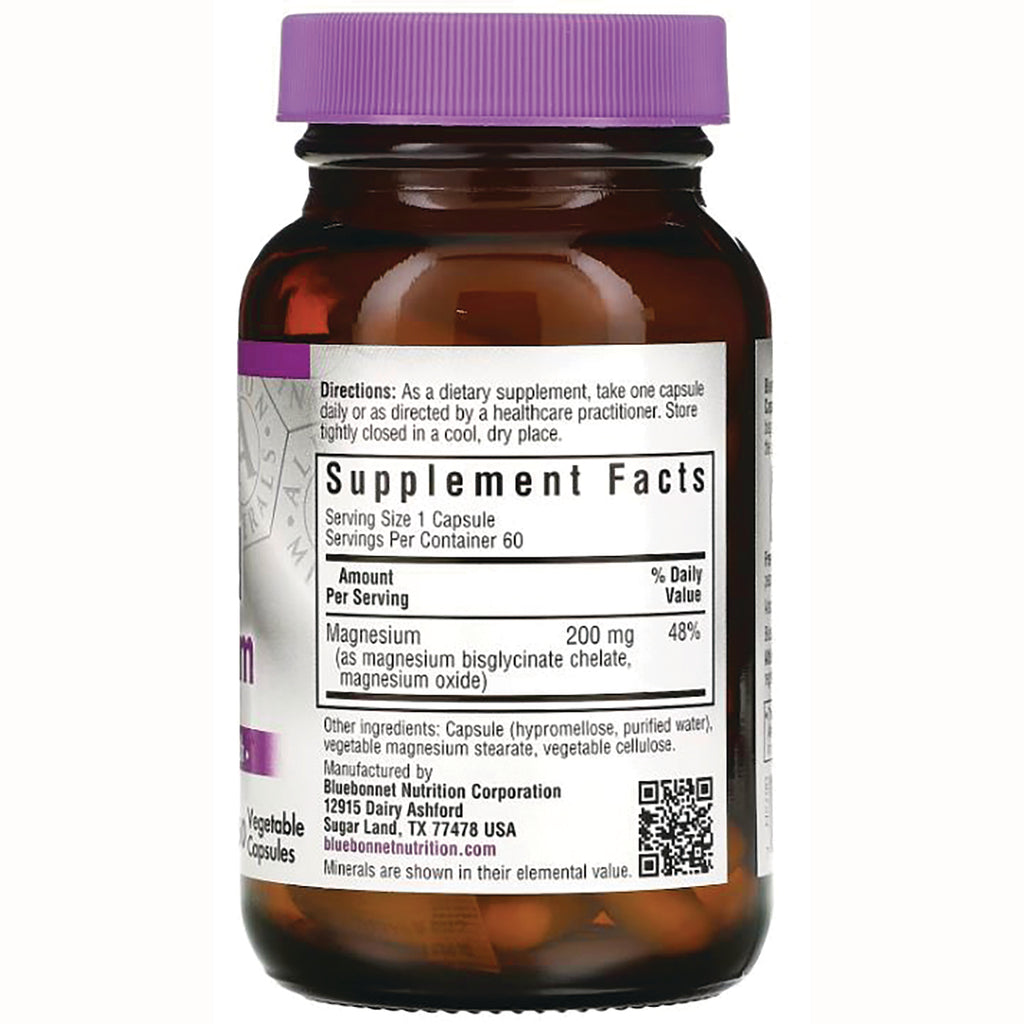 BLU059 | back of brown supplement bottle showing Supplement Facts panel, Magnesium 200 mg, directions and manufacturer info - Thumbnail