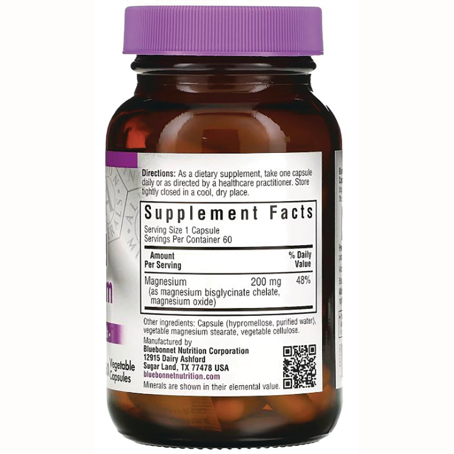 BLU059 | back of brown supplement bottle showing Supplement Facts panel, Magnesium 200 mg, directions and manufacturer info