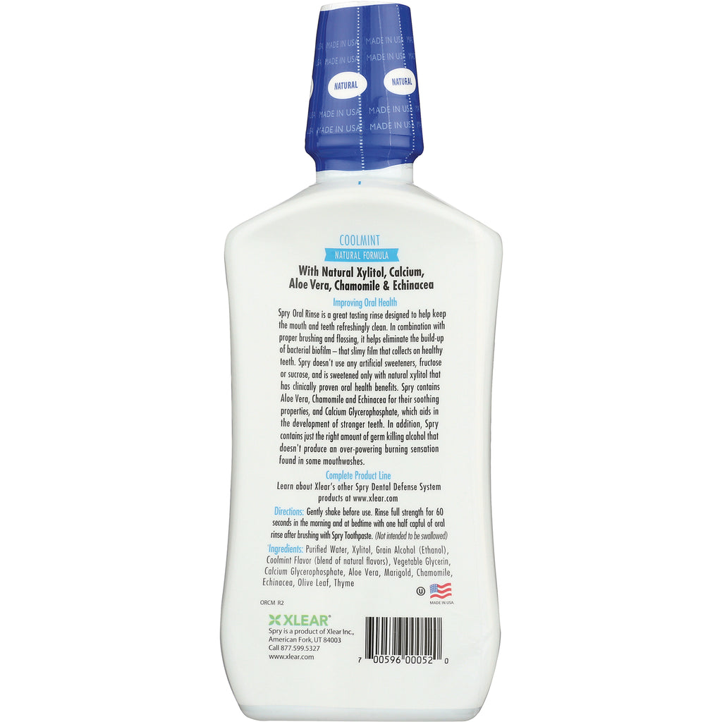 XL031 | Back of Spry Oral Rinse bottle, Coolmint Natural Formula label with directions and ingredients - Thumbnail
