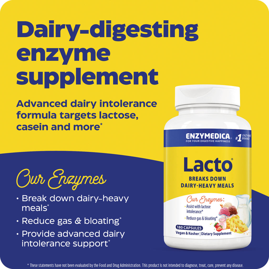 EMD102 | Yellow infographic with Lacto supplement bottle and text about breaking down dairy, reducing gas and bloating - Thumbnail
