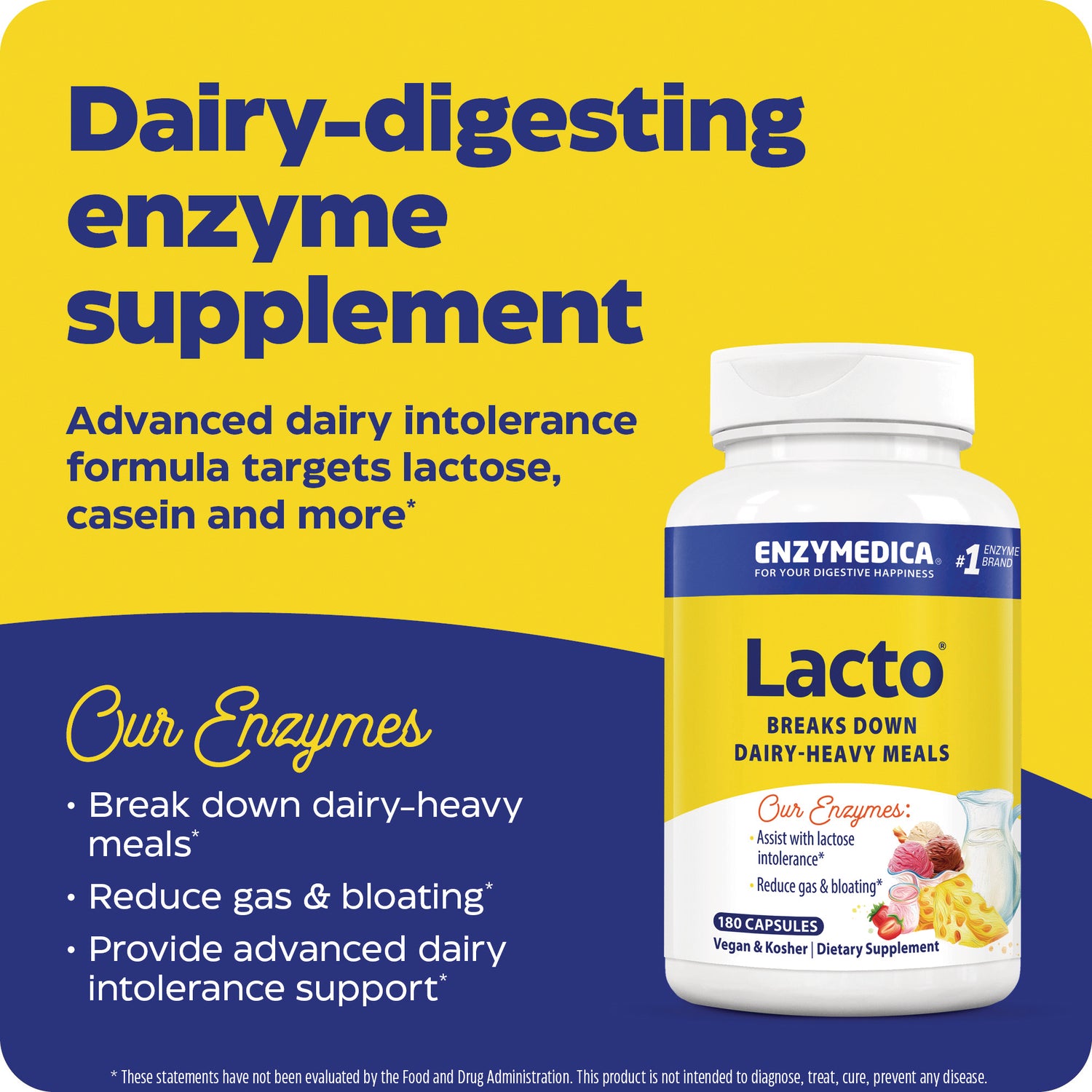 EMD102 | Yellow infographic with Lacto supplement bottle and text about breaking down dairy, reducing gas and bloating