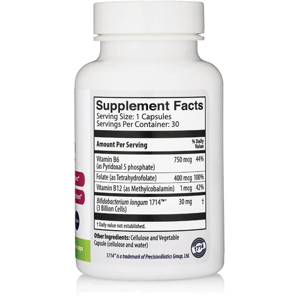 Supplement Facts label on white bottle showing serving size, Vitamin B6, folate, B12, and probiotic amounts - Thumbnail