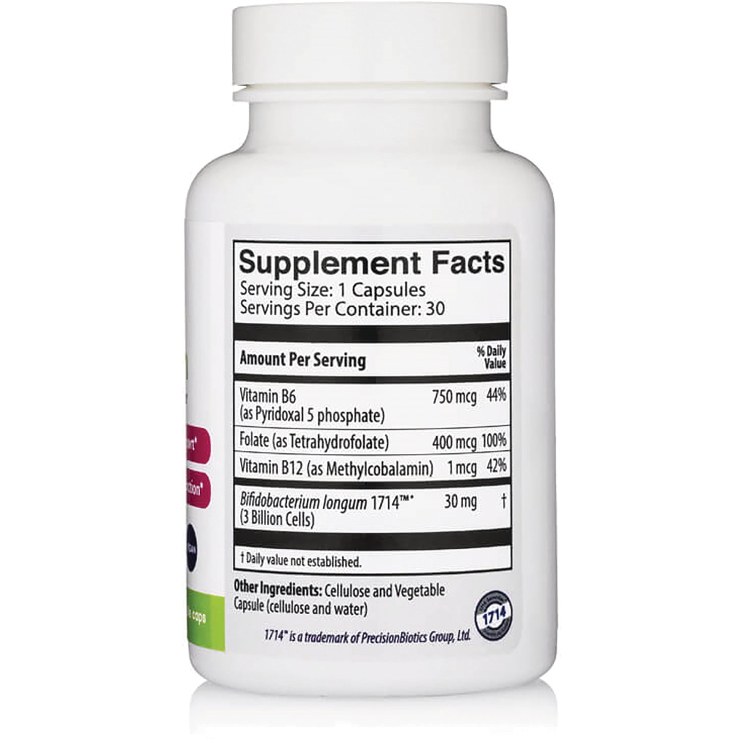Supplement Facts label on white bottle showing serving size, Vitamin B6, folate, B12, and probiotic amounts