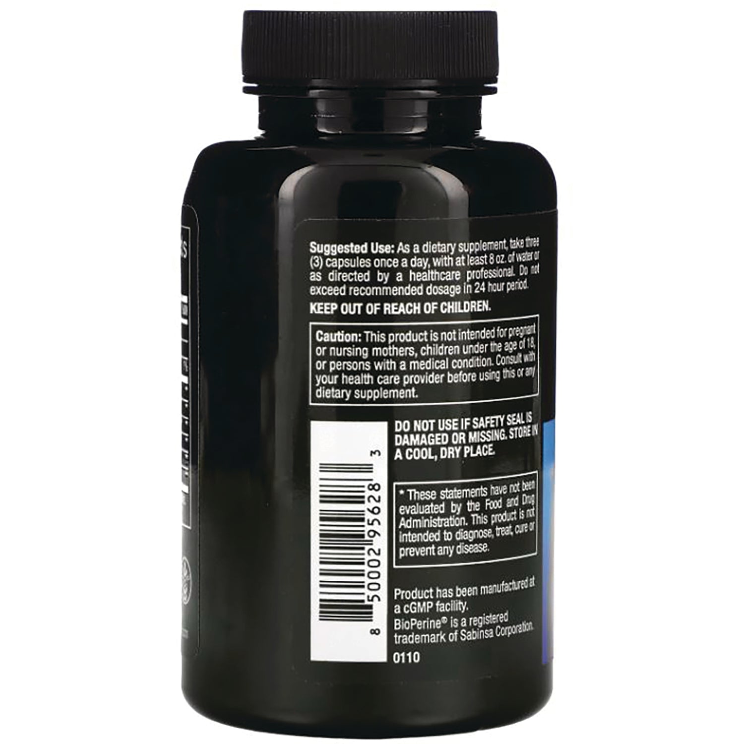 DRE001 | Back of black supplement bottle showing barcode, suggested use, warnings and KEEP OUT OF REACH OF CHILDREN
