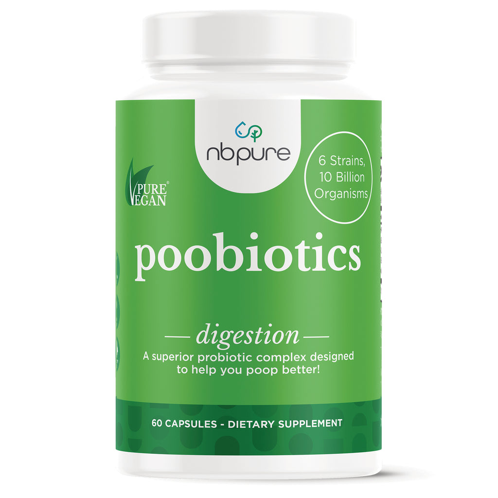 ARL008 | Green nbpure 'poobiotics' digestion supplement bottle, 60 capsules, label reads '6 Strains, 10 Billion Organisms' - Thumbnail