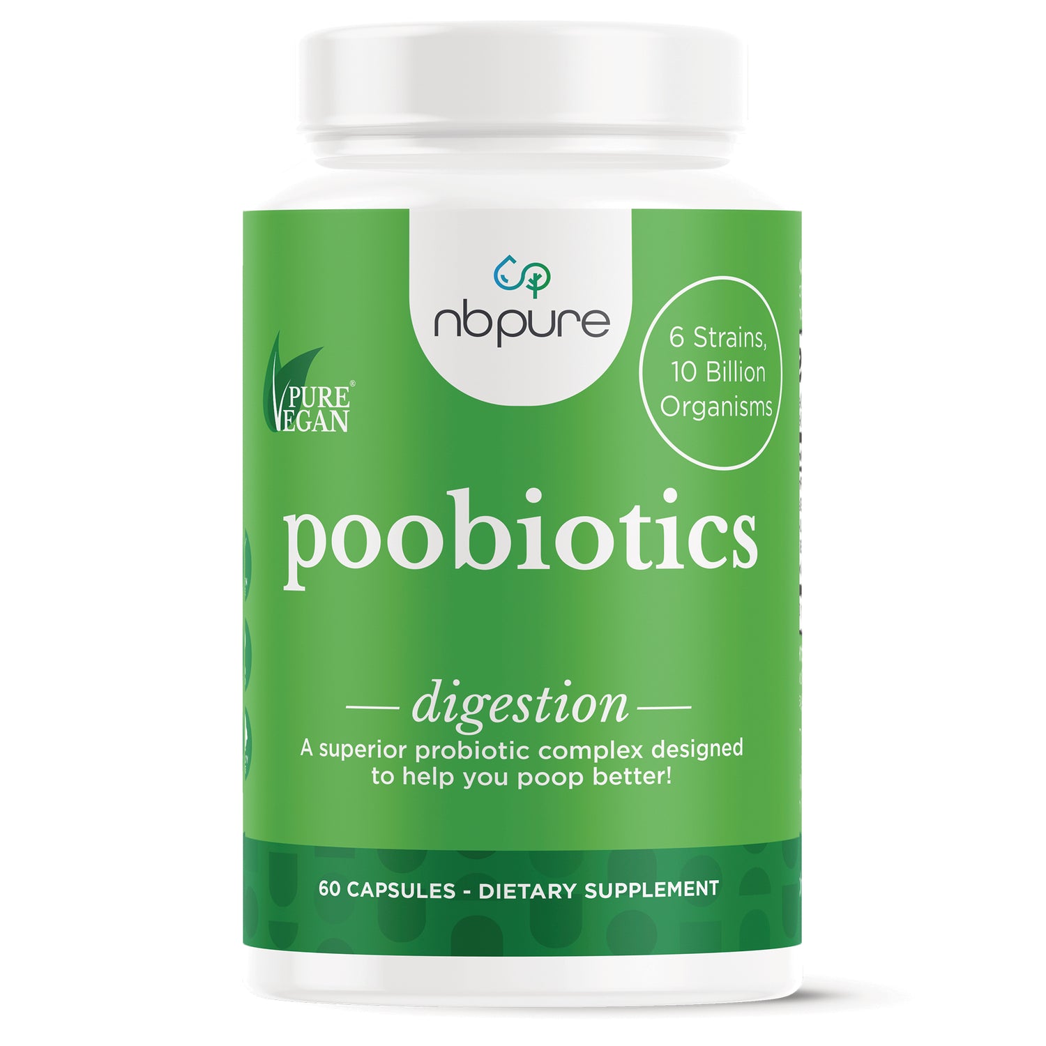 ARL008 | Green nbpure 'poobiotics' digestion supplement bottle, 60 capsules, label reads '6 Strains, 10 Billion Organisms'