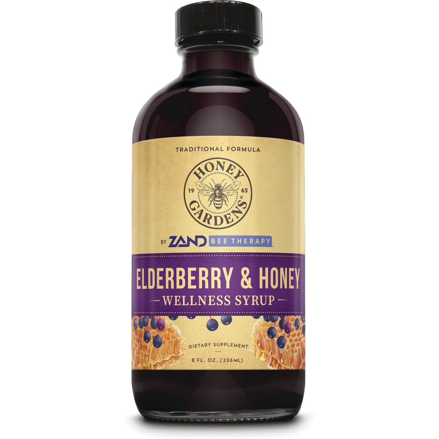 HGR004 | Honey Gardens Elderberry & Honey wellness syrup bottle by Zand, 8 fl oz