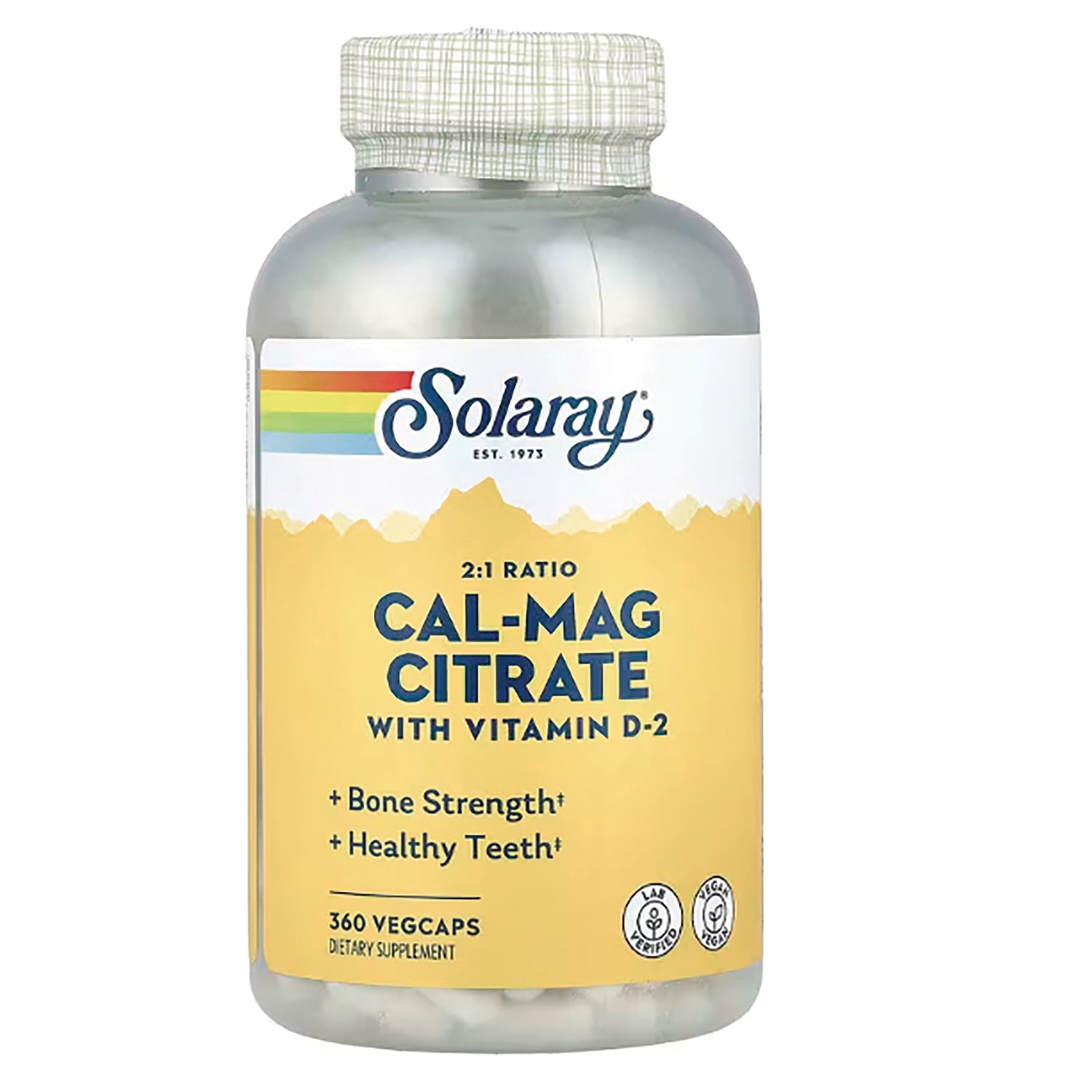 SLR445 | Solaray Cal-Mag Citrate bottle front label, 360 vegcaps with vitamin D-2