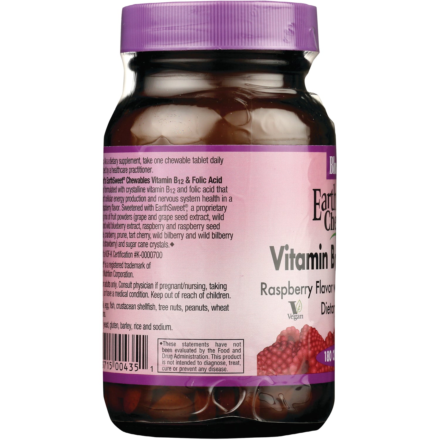 BLU074 | Pink vitamin B bottle product infographic label showing Raspberry Flavor text, ingredients panel and barcode