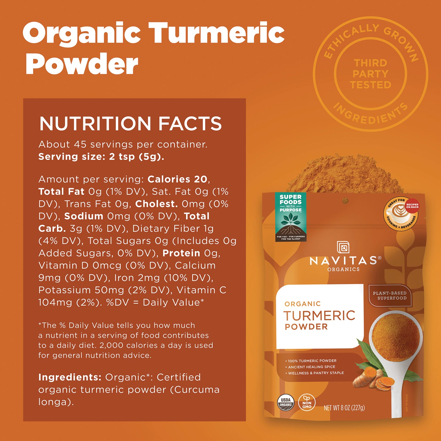 Nutrition facts panel beside Navitas Organics bag labeled Organic Turmeric Powder, serving size 2 tsp (5g)