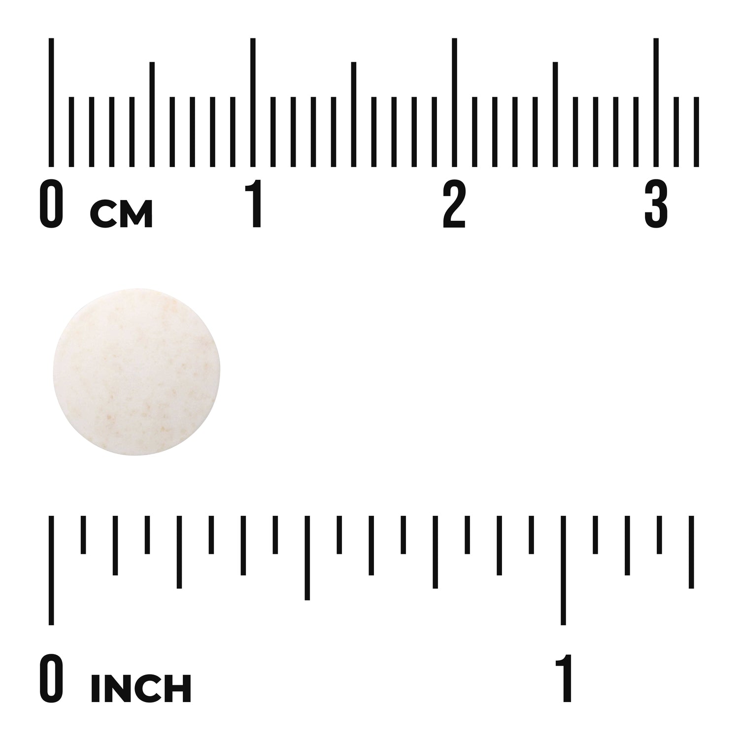 SWU302 | Round white tablet on white background next to centimeter and inch rulers showing about 1 cm diameter, visible '0 cm