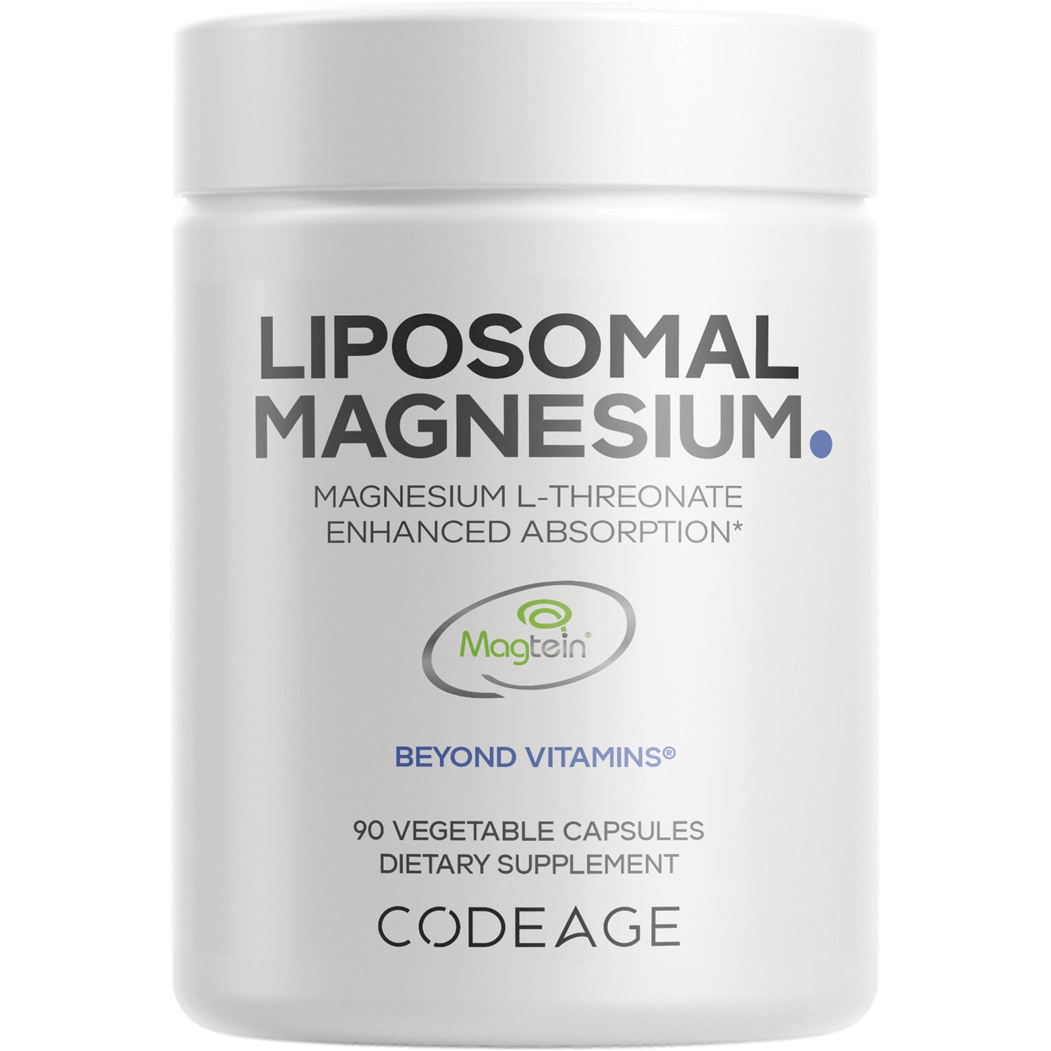 CDG021 | White bottle front labeled LIPOSOMAL MAGNESIUM, MAGNESIUM L-THREONATE, 90 VEGETABLE CAPSULES
