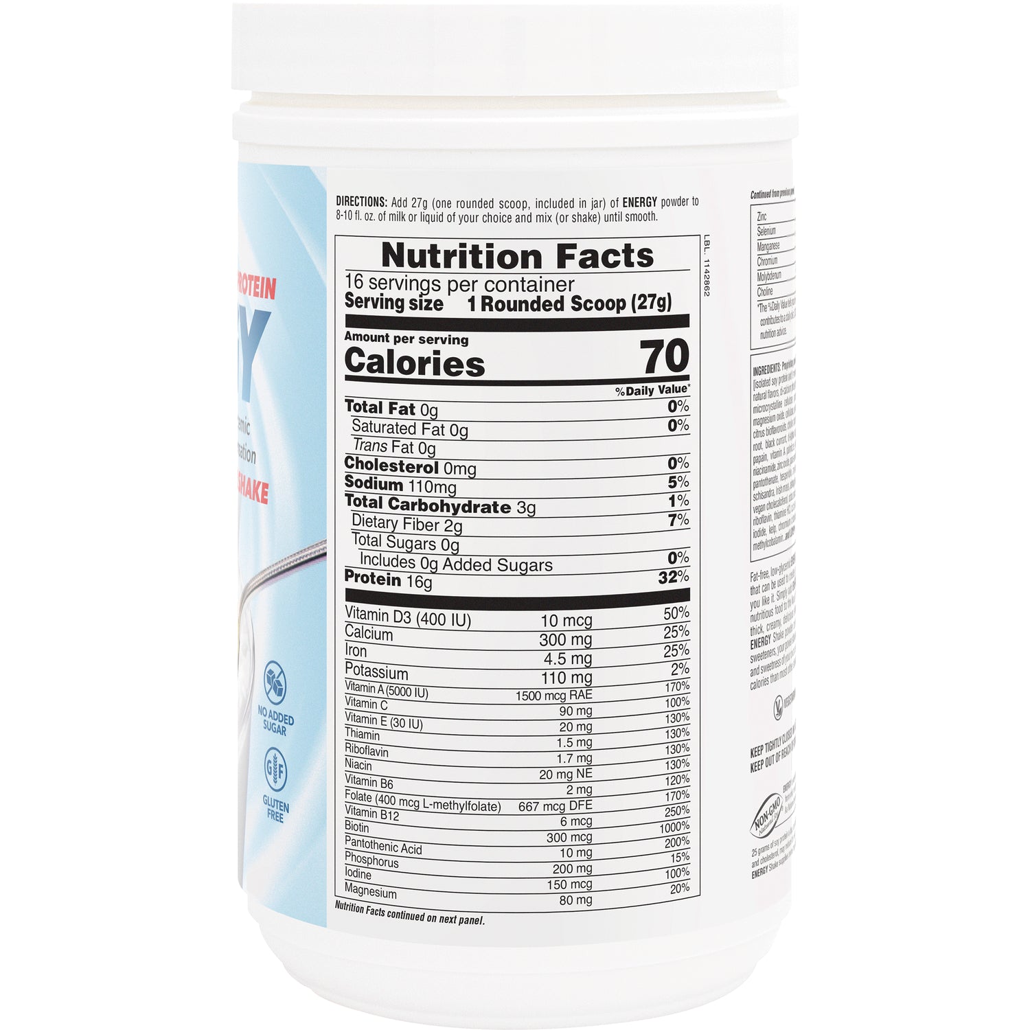 NTP052 | back label showing Nutrition Facts panel with serving size, Calories 70, and nutrient table