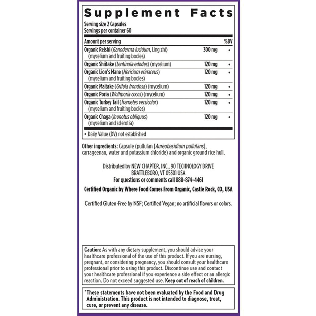 NWC314 | supplement facts panel and ingredients list for mushroom capsules including cautions and certifications - Thumbnail