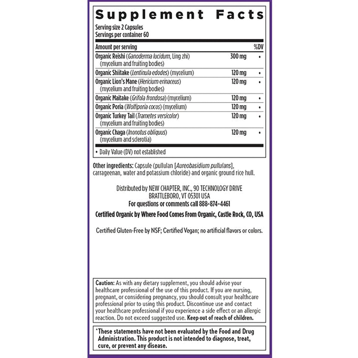 NWC314 | supplement facts panel and ingredients list for mushroom capsules including cautions and certifications