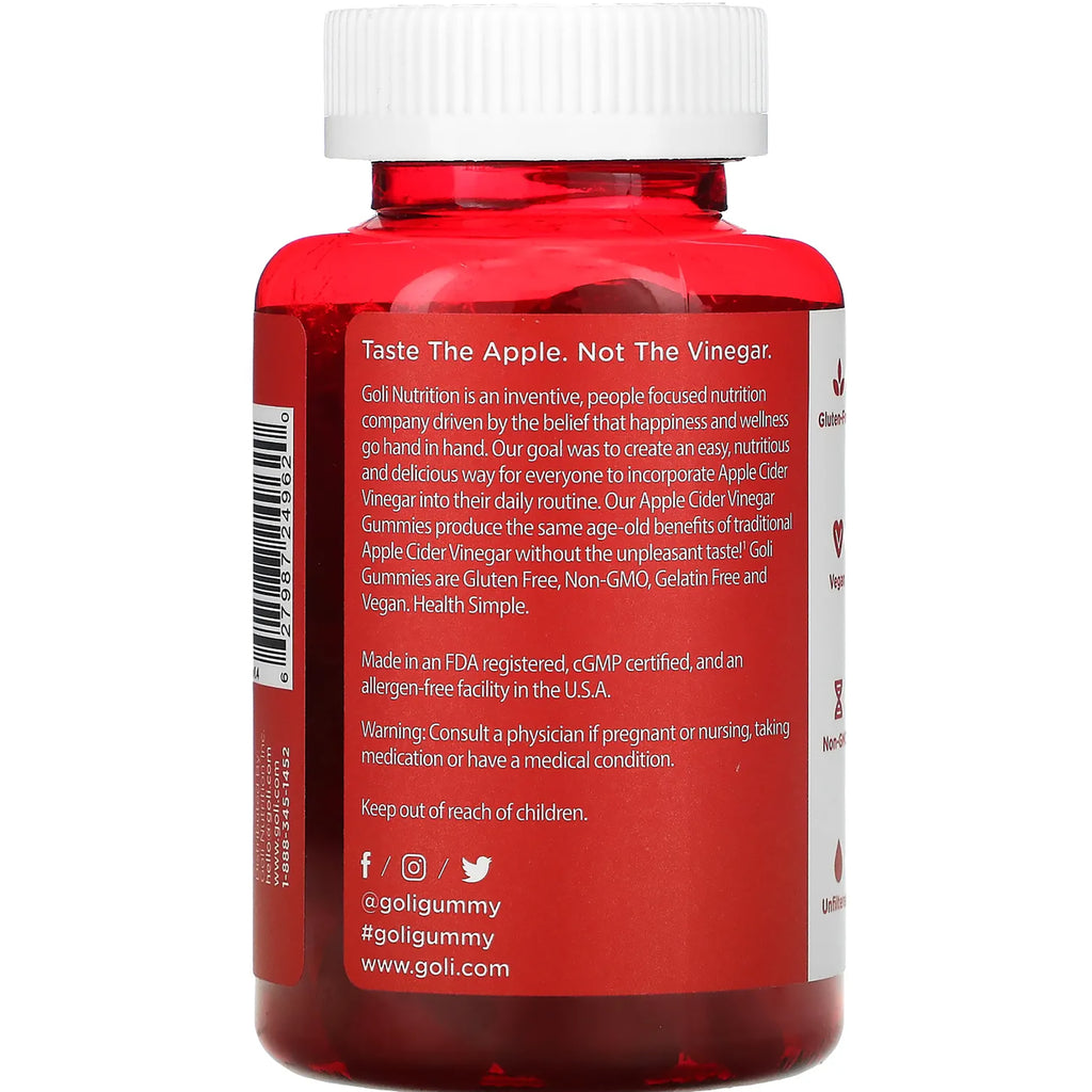 GOL002 | Back label of red Goli apple cider vinegar gummies bottle showing product description, warnings, barcode and social handles - Thumbnail