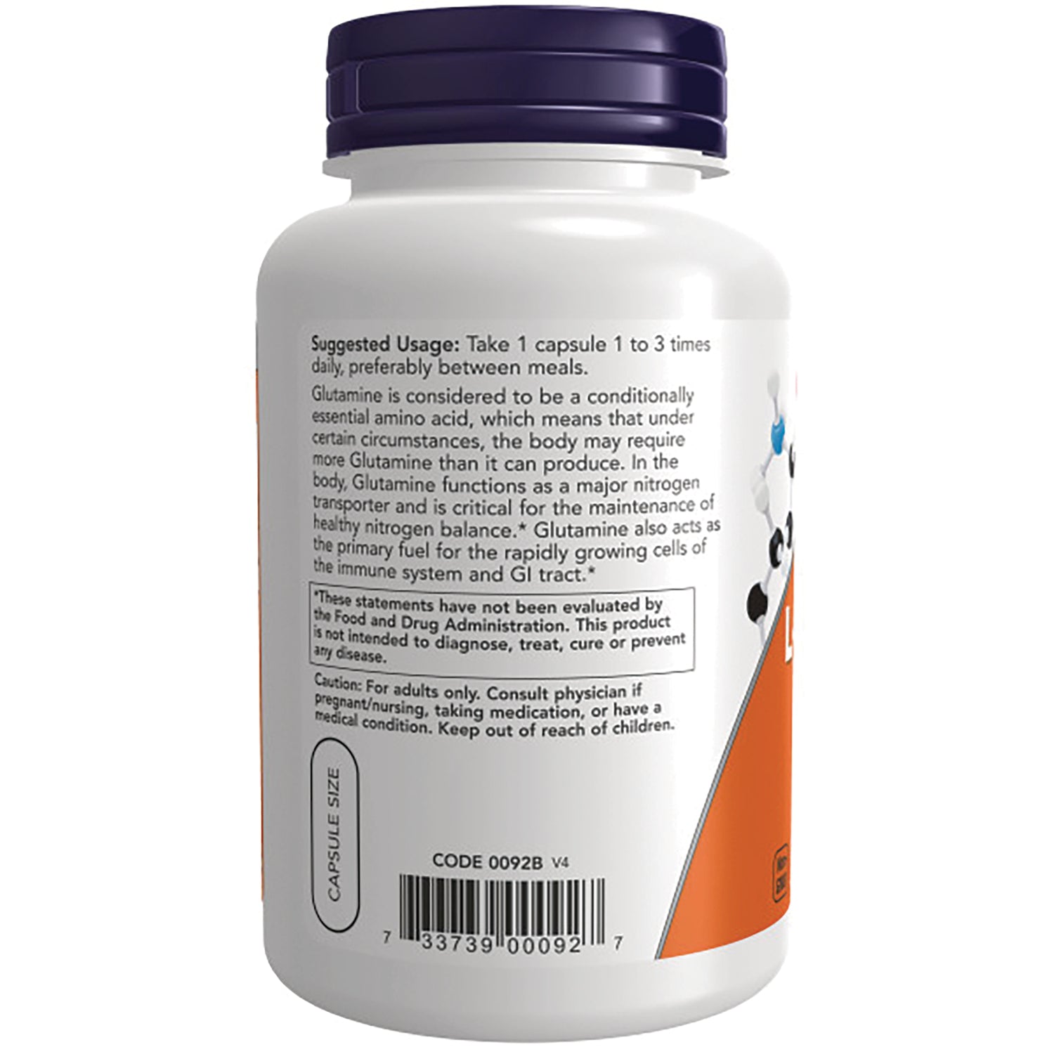 NWF225 | Back of white supplement bottle showing suggested usage, caution text, barcode and capsule size label