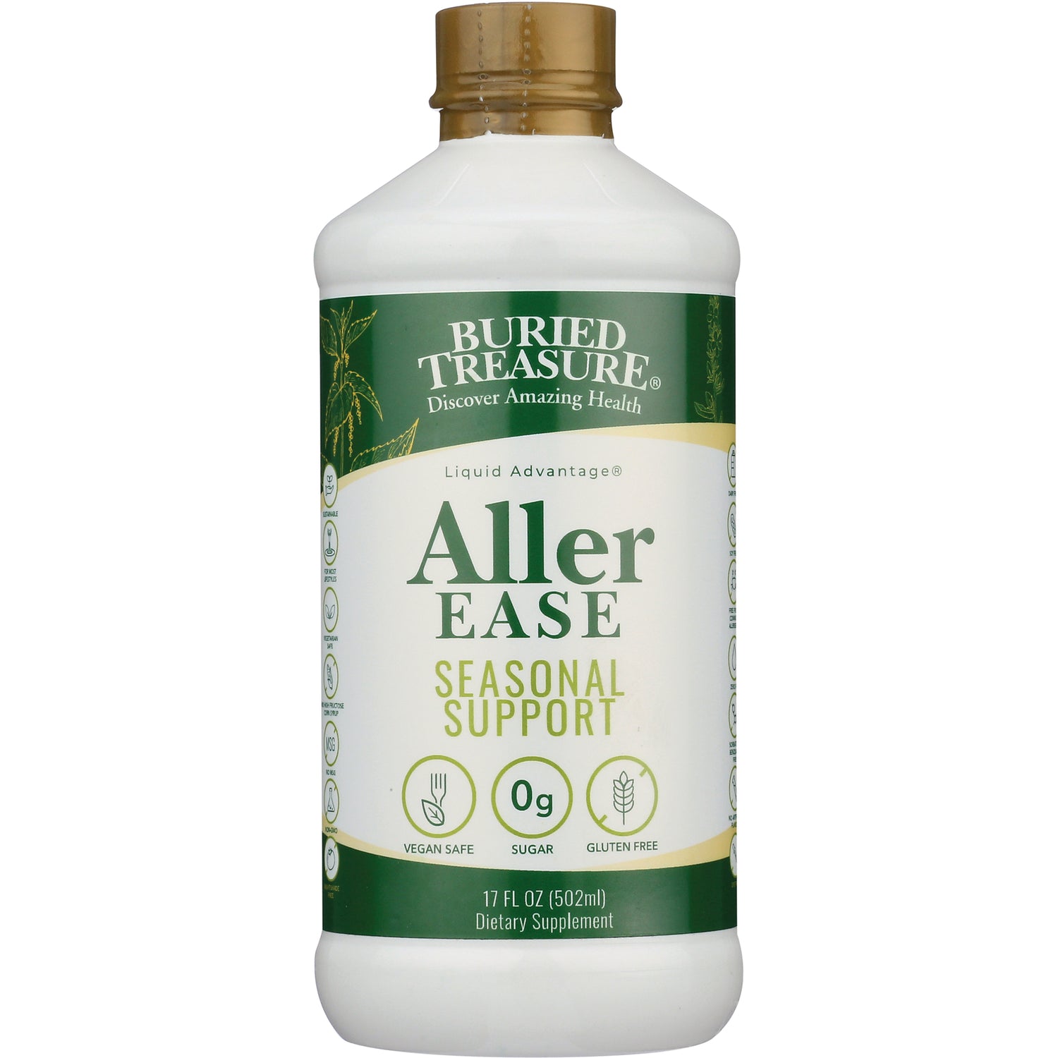 BTR013 | Buried Treasure Aller EASE seasonal support liquid supplement bottle 17 FL OZ 0g sugar vegan safe gluten free