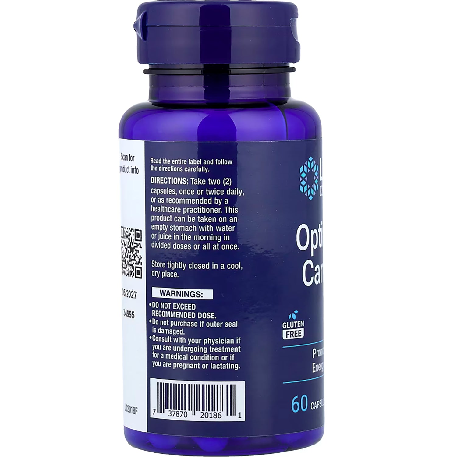 LE448 | Back label of blue supplement bottle with directions, warnings, barcode, and 60 capsules