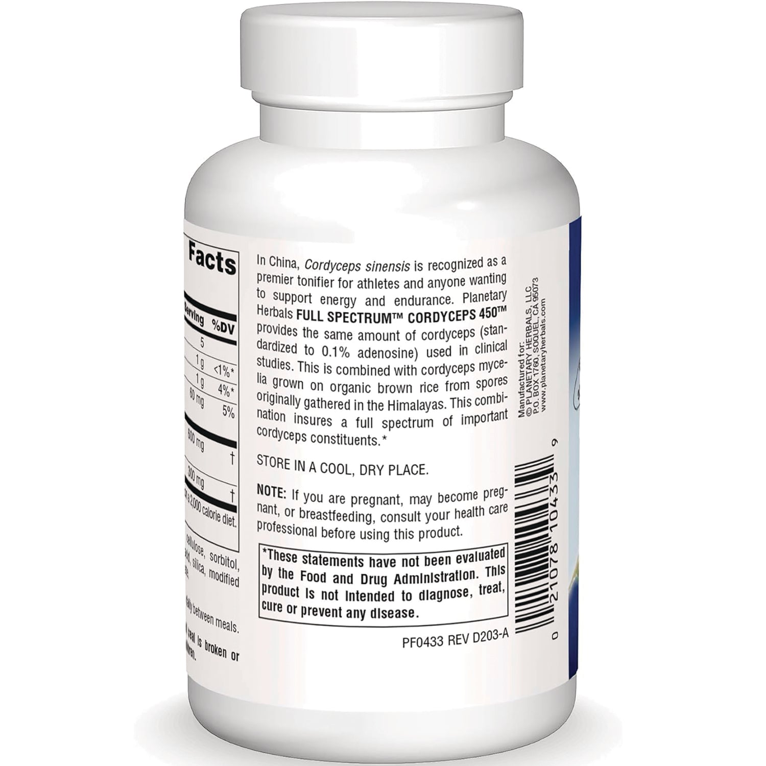 PF153 | Back label of white supplement bottle showing facts panel, storage instructions and warning text