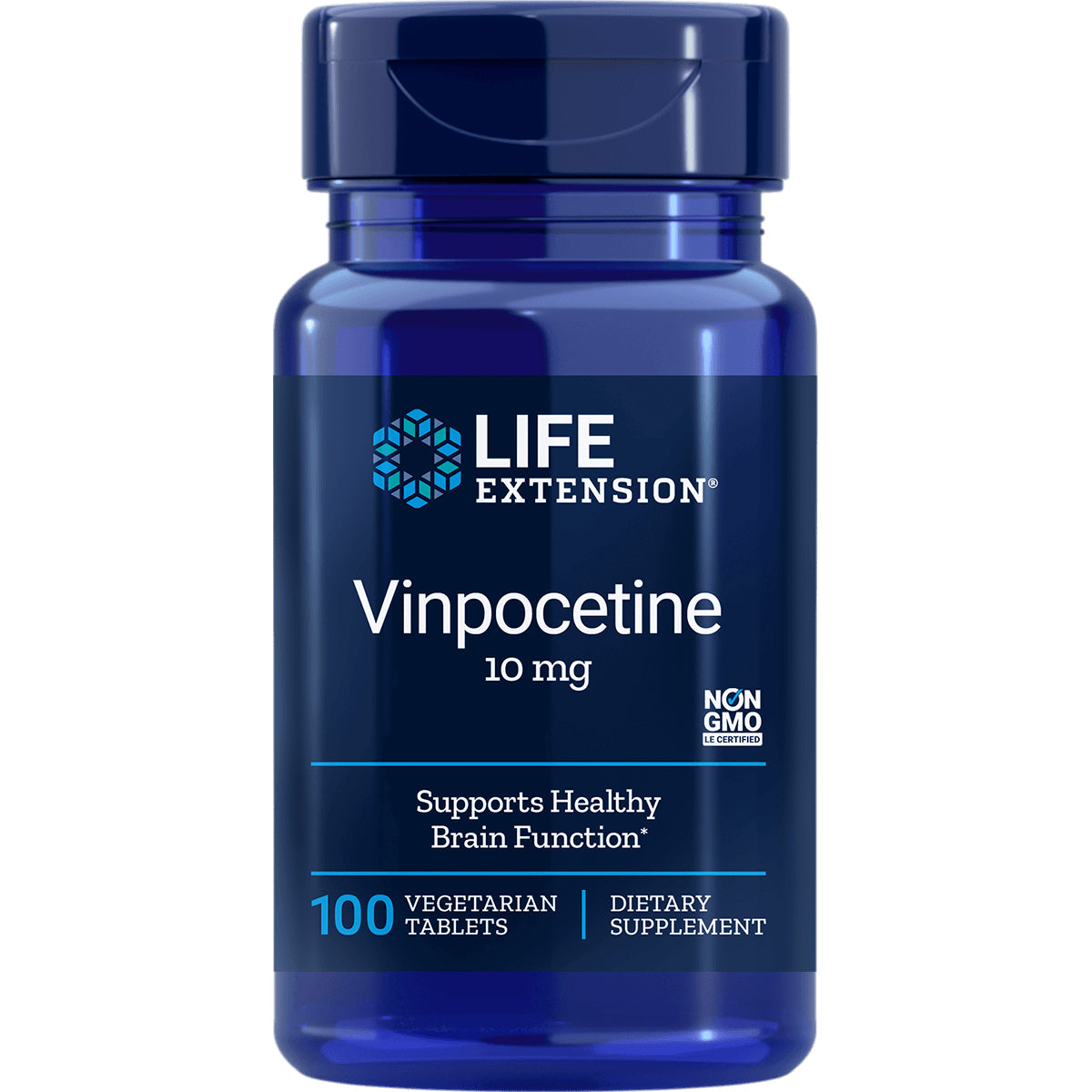LE360 | Life Extension Vinpocetine 10 mg blue bottle, 100 vegetarian tablets front label