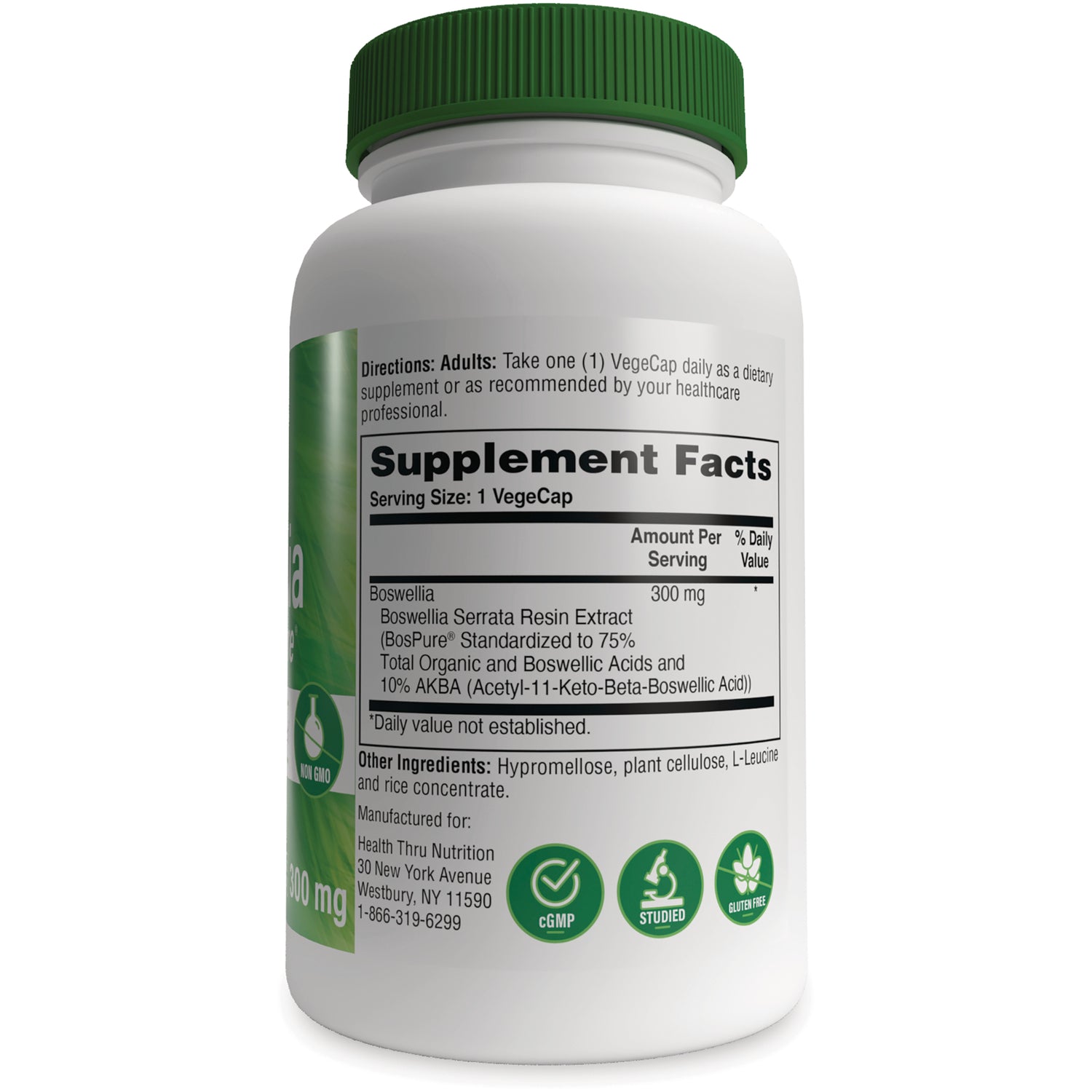 HTN009 | Back label showing Supplement Facts panel, serving size 1 VegeCap, Boswellia 300 mg and other ingredients