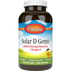 CSN180 | Carlson Solar D Gems 2,000 IU (50 mcg) Vitamin D3 with Omega-3 soft gels, natural lemon flavor, 360 count