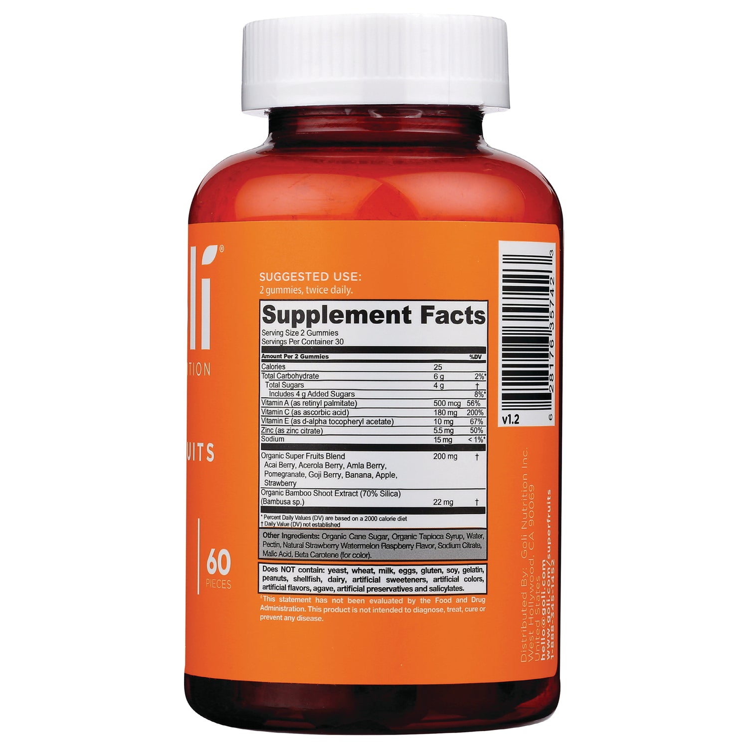 GOL004 | back label showing Supplement Facts panel, ingredients and barcode on orange bottle