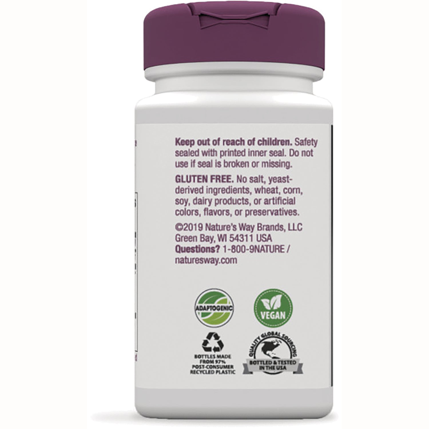 NW531 | back label showing safety and gluten free text with adaptogenic, vegan, recycling, bottled in USA icons