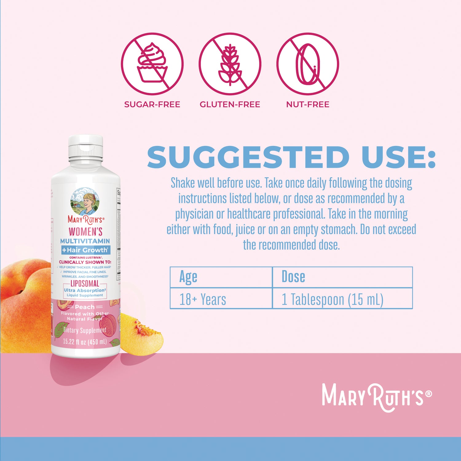 MRR024 | back panel showing Suggested Use text, dosing table 18+ Years 1 Tablespoon (15 mL), bottle and peach graphics