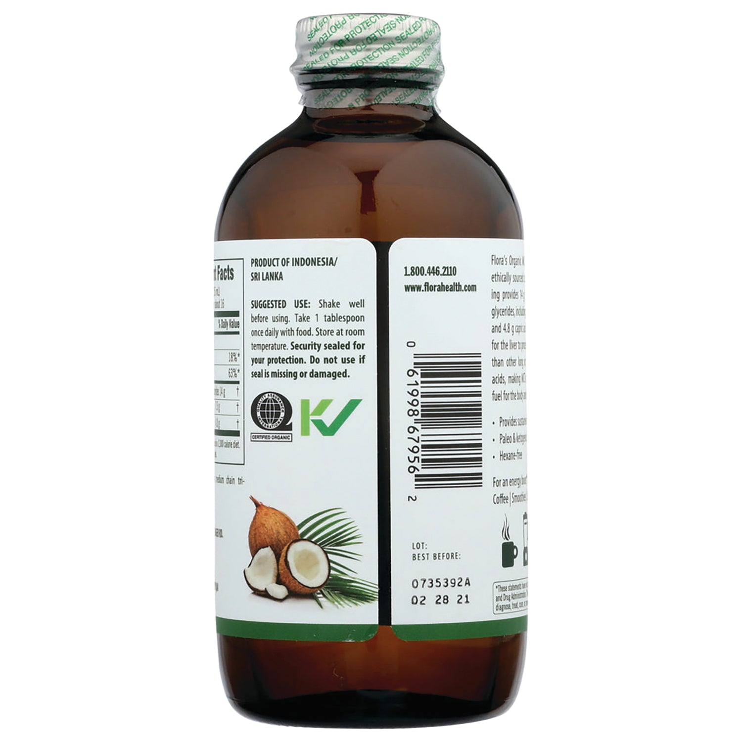FL115 | back label with barcode, suggested use text, certifications and coconut illustration