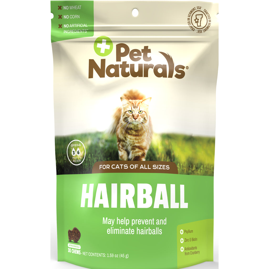 PTN074 | Pet Naturals Hairball pouch with orange cat on grass, labeled For cats of all sizes, 30 chews - Thumbnail