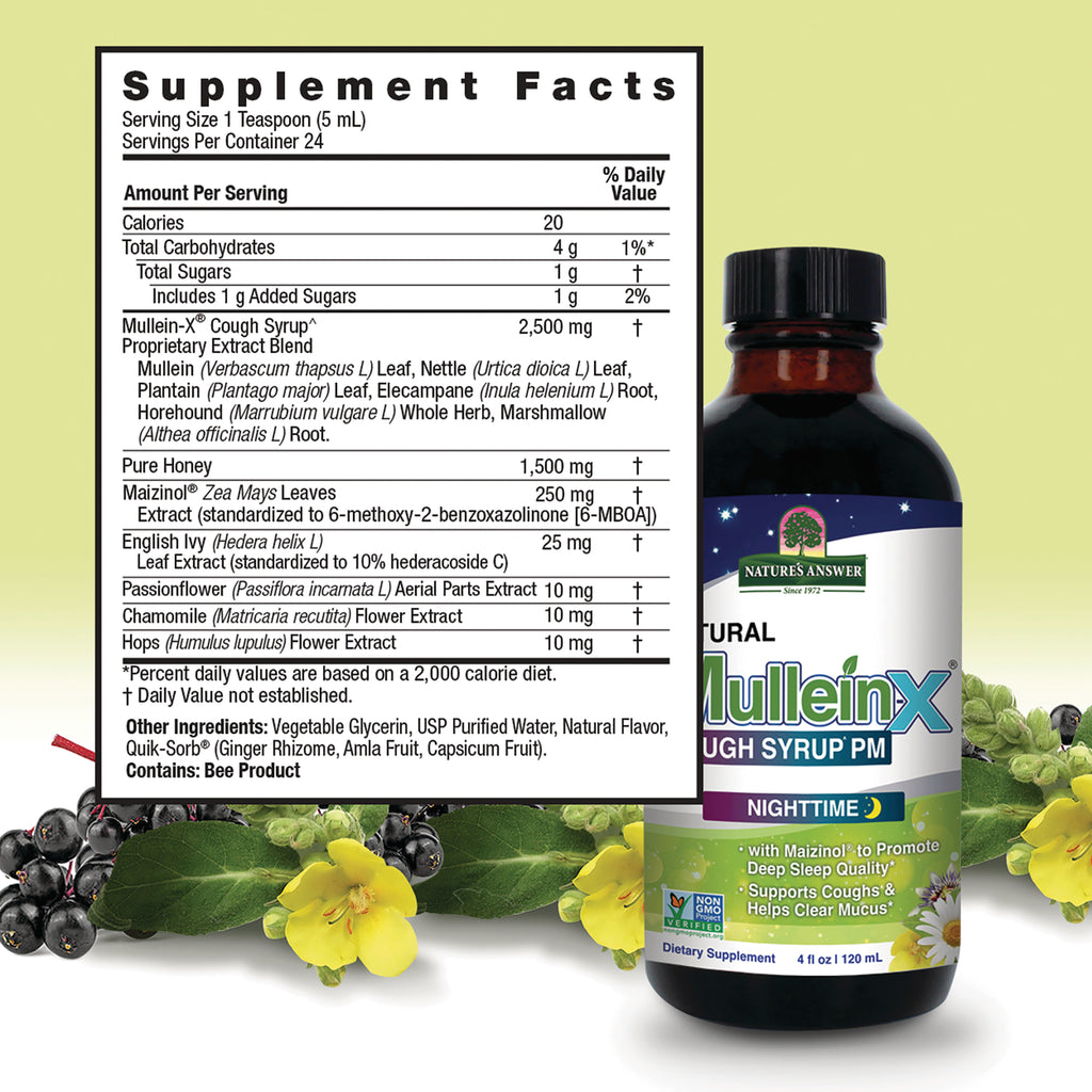 NAT422 | supplement facts nutrition label and back of Nature's Answer MulleinX cough syrup bottle - Thumbnail
