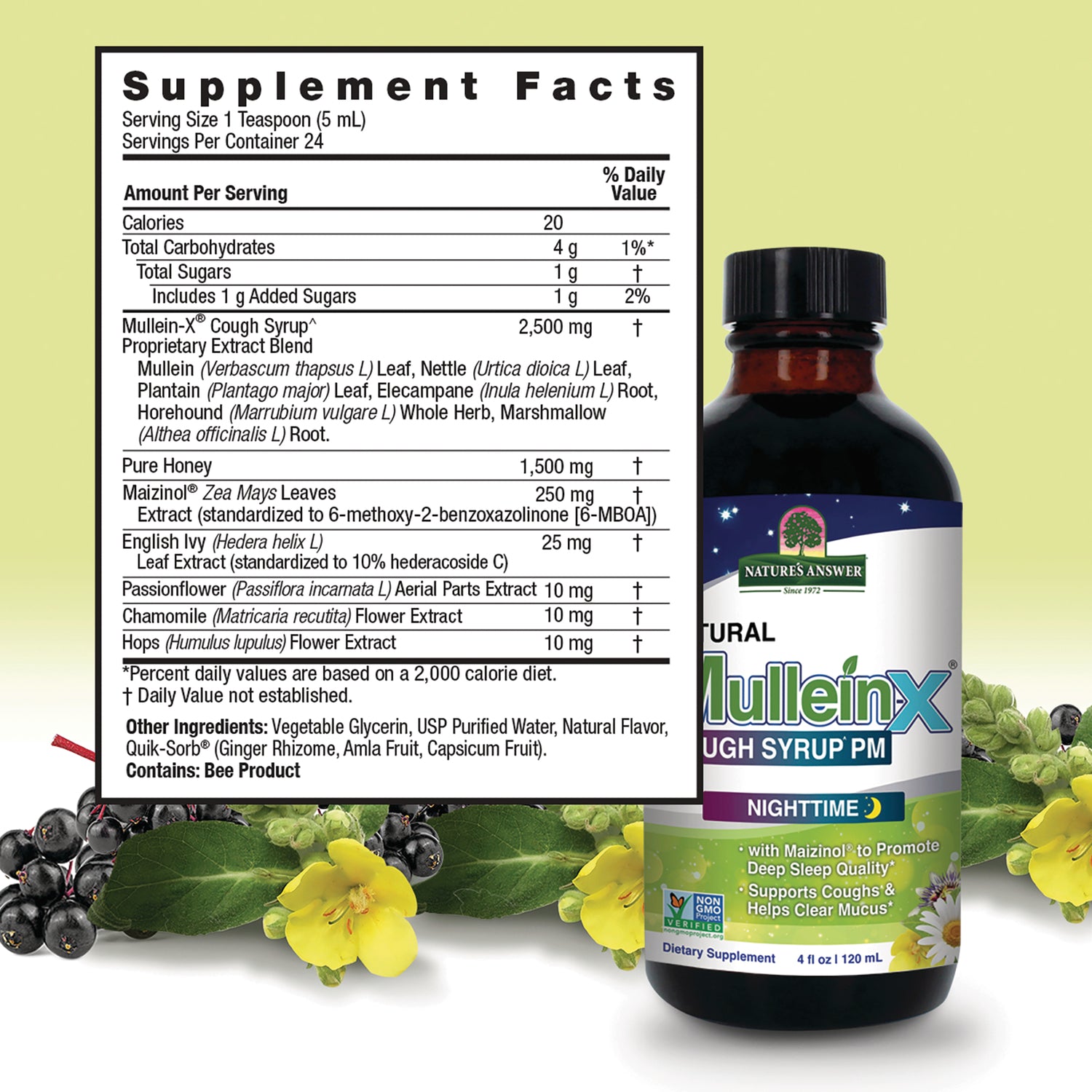 NAT422 | supplement facts nutrition label and back of Nature's Answer MulleinX cough syrup bottle