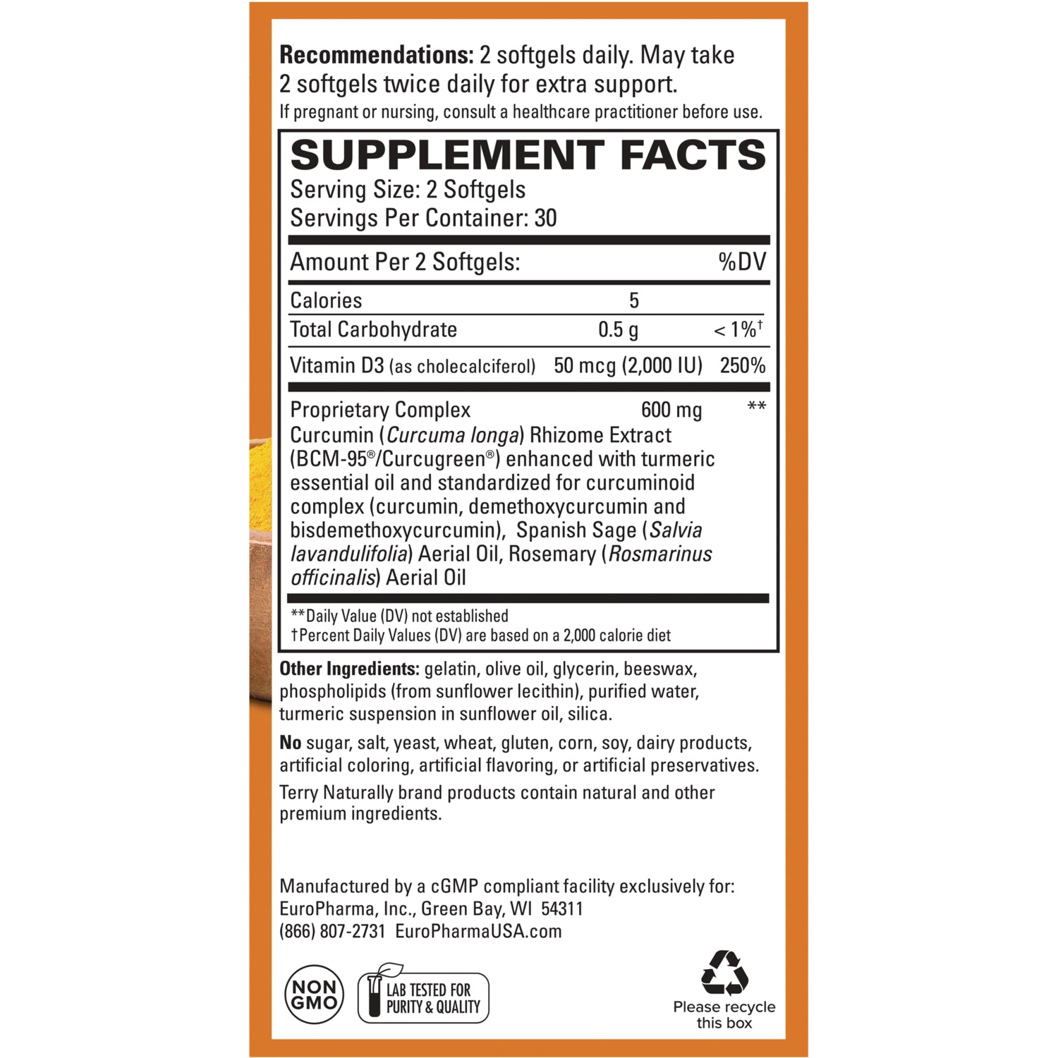 EUR010 | Back panel with supplement facts, serving size, Vitamin D3 amount and proprietary complex ingredients