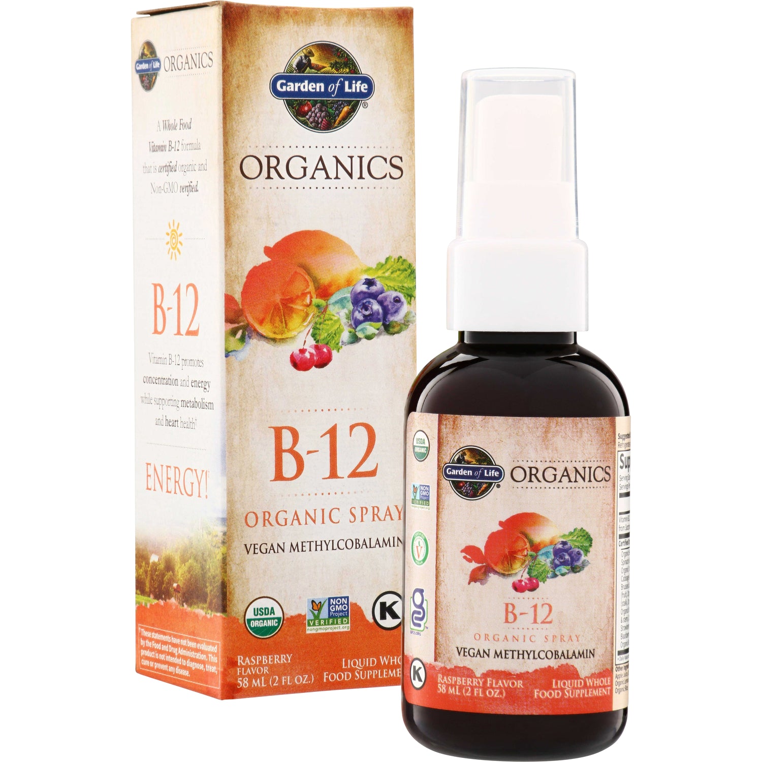 GLF186 | Garden of Life Organics B-12 organic spray, raspberry flavor, 58 ml bottle with box