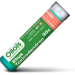 OLH008 | Tilted green homeopathic pellet tube labeled Rhus Toxicodendron 30C with Ollos branding