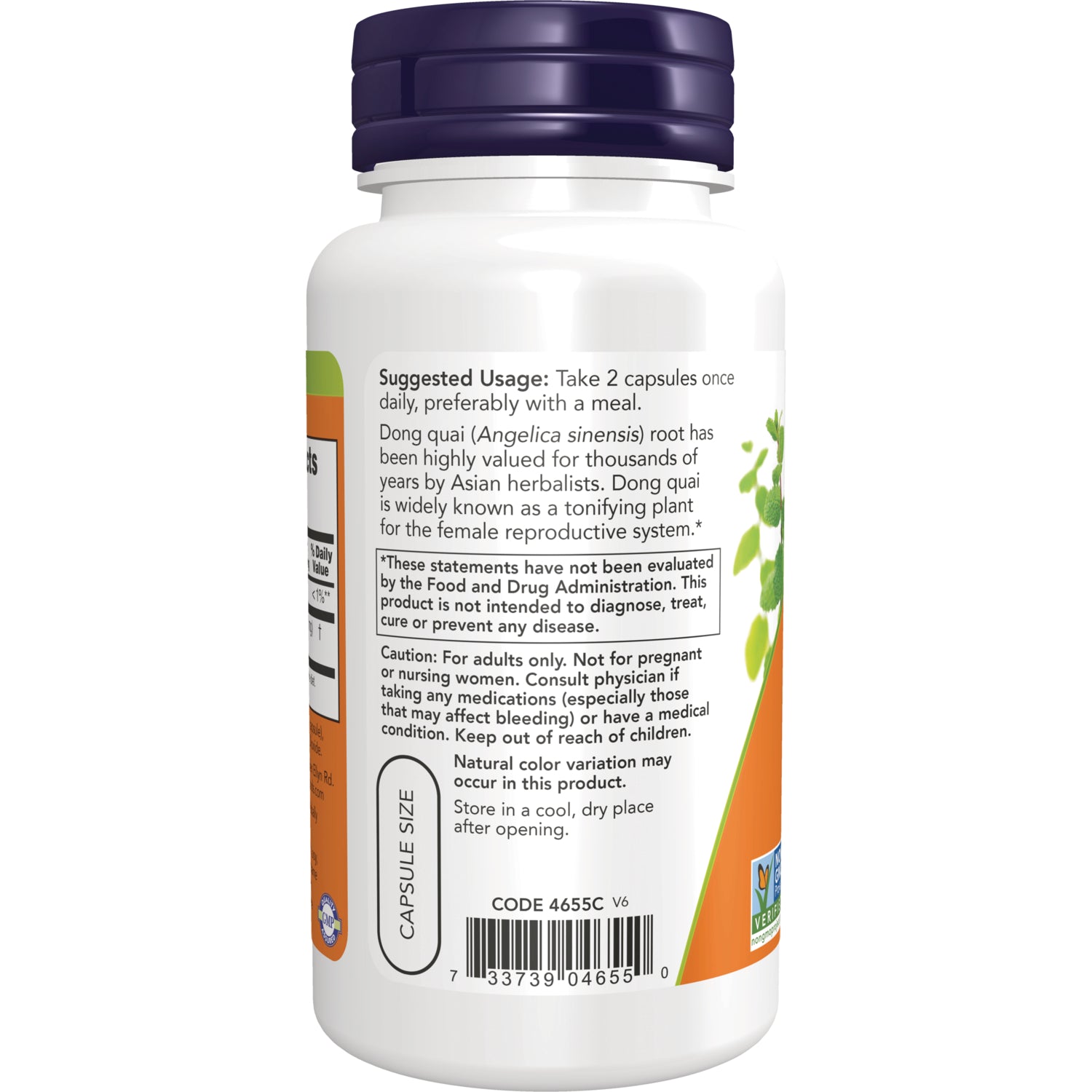 NWF537 | back label of white supplement bottle showing suggested usage, caution text and barcode