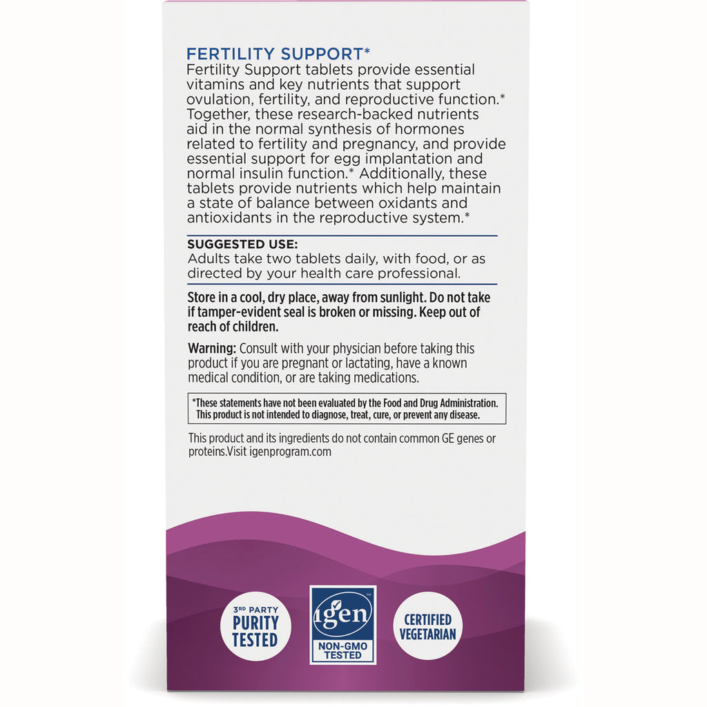 NRN136 | Back of fertility support supplement box showing product description, suggested use, warnings, and certification badges - Thumbnail