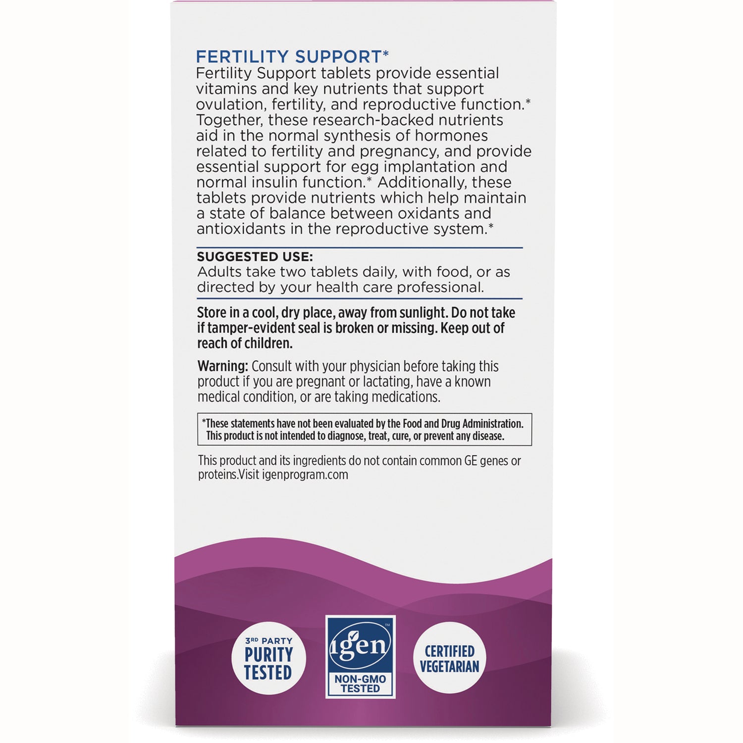 NRN136 | Back of fertility support supplement box showing product description, suggested use, warnings, and certification badges
