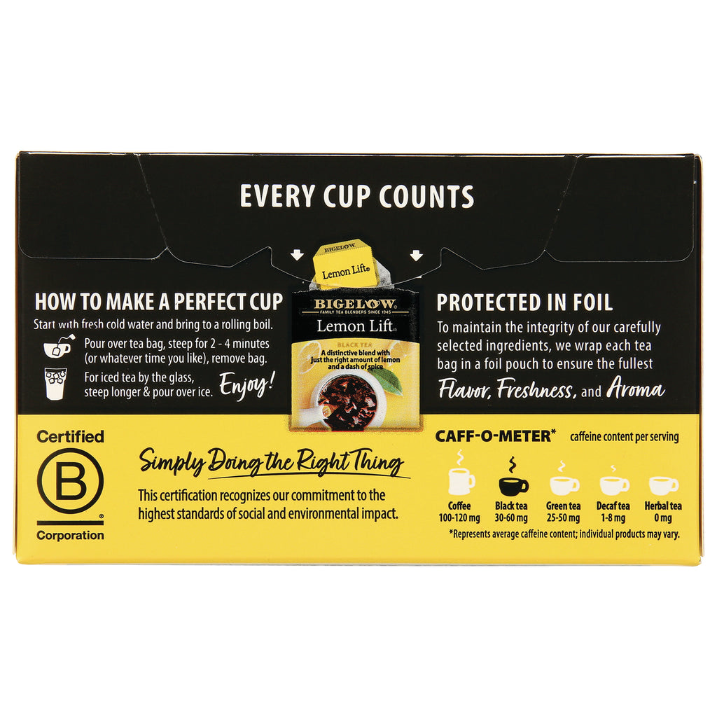 BGT010 | Back of Lemon Lift tea box showing EVERY CUP COUNTS header, brewing instructions, B Corp seal and caff-o-meter - Thumbnail