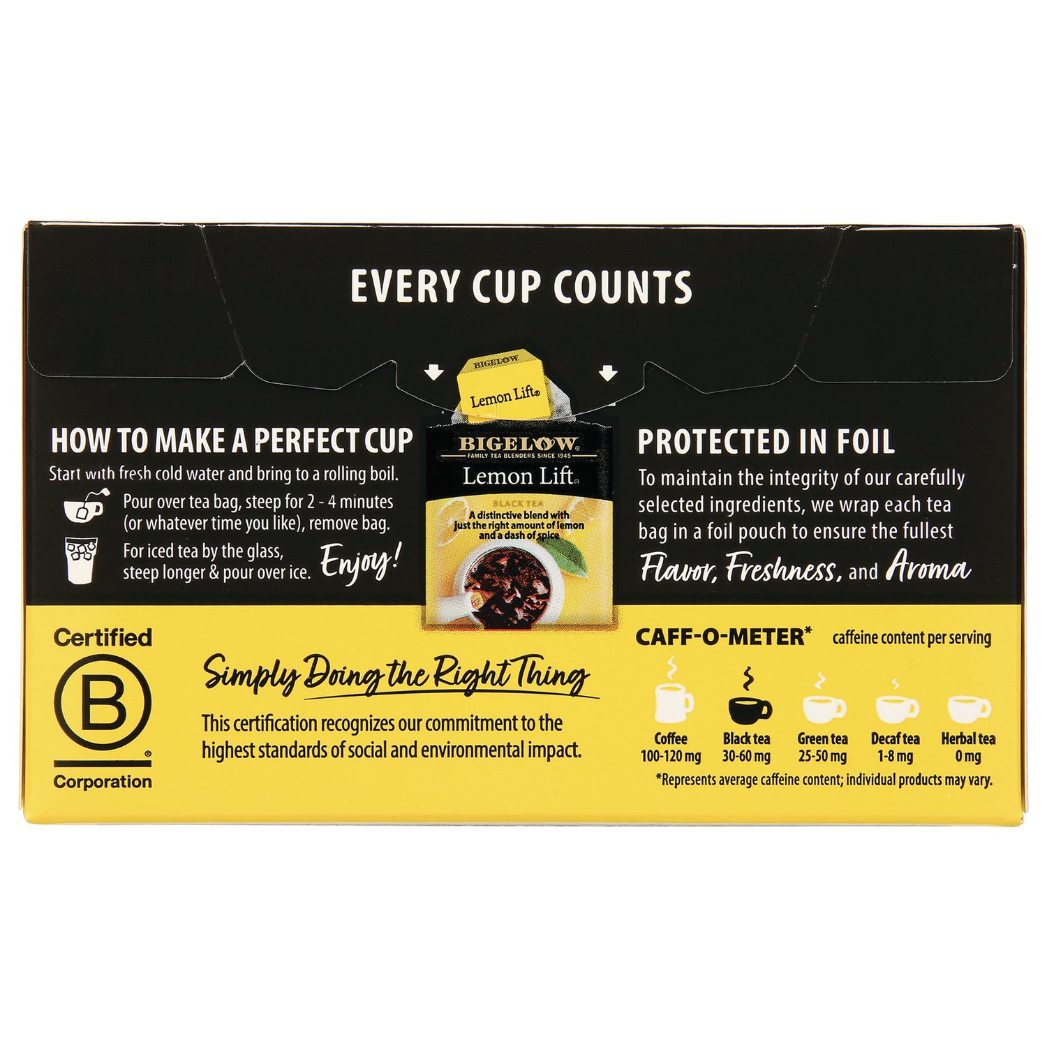 BGT010 | Back of Lemon Lift tea box showing EVERY CUP COUNTS header, brewing instructions, B Corp seal and caff-o-meter