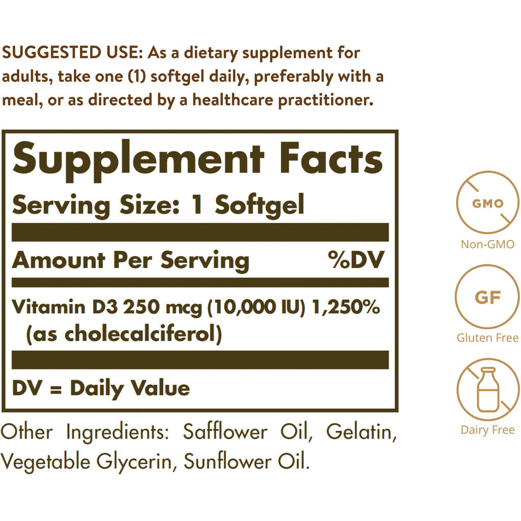 SLG310 | Supplement Facts back label showing Serving Size 1 Softgel and Vitamin D3 250 mcg (10,000 IU) - Thumbnail