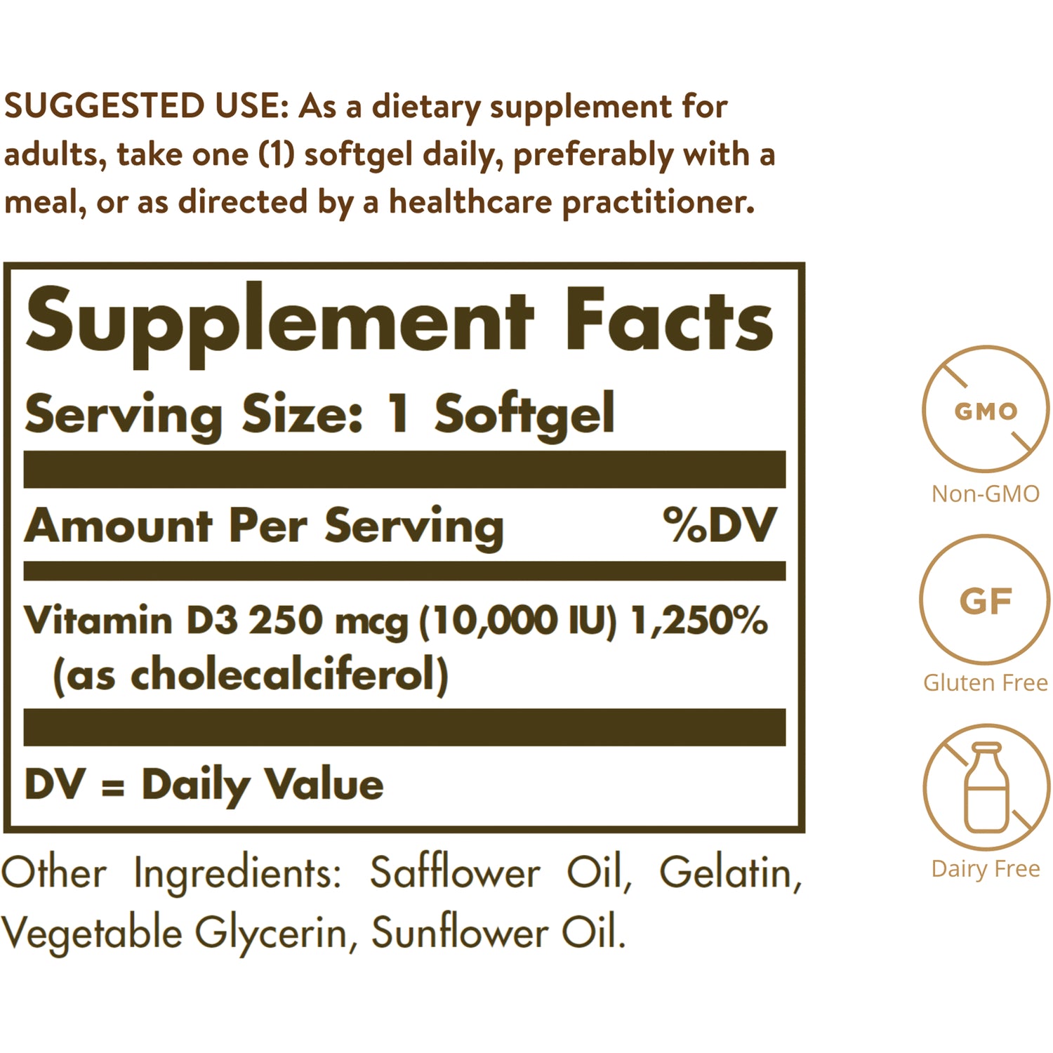 SLG310 | Supplement Facts back label showing Serving Size 1 Softgel and Vitamin D3 250 mcg (10,000 IU)