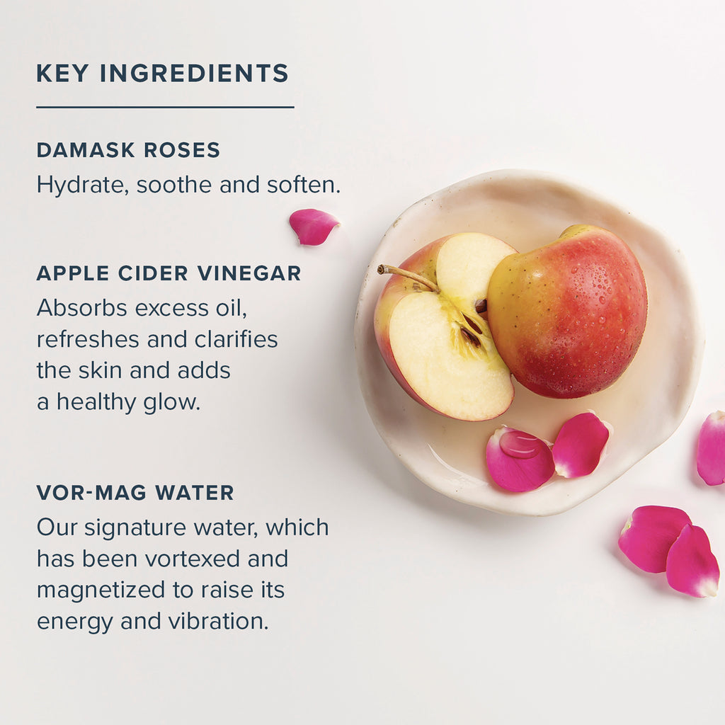 Key ingredients infographic showing Damask Roses, Apple Cider Vinegar, VOR-MAG Water with sliced apple in a bowl and rose petals - Thumbnail