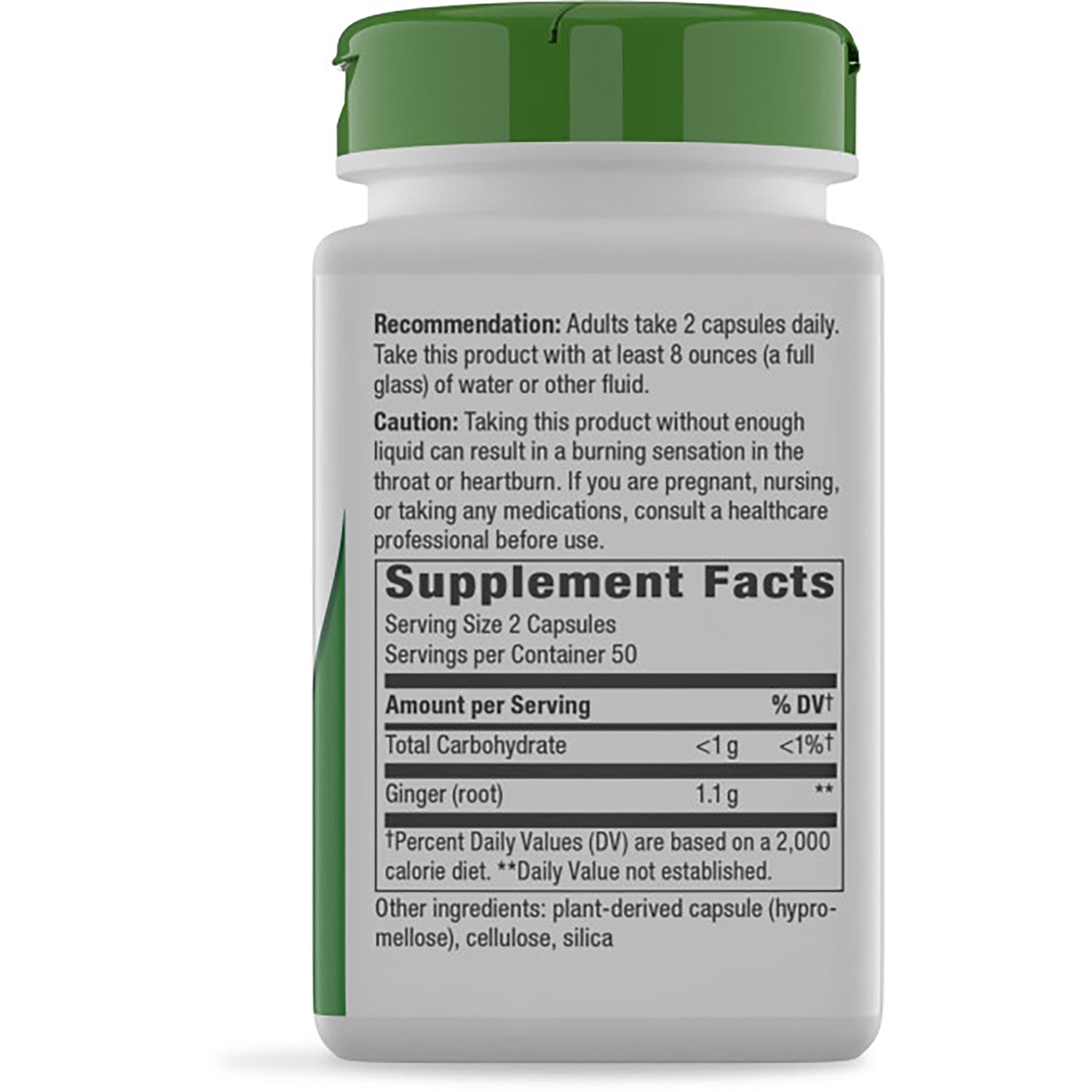 NW139 | back label of brown supplement bottle showing Supplement Facts, serving size 2 capsules, ginger (root) 1.1 g