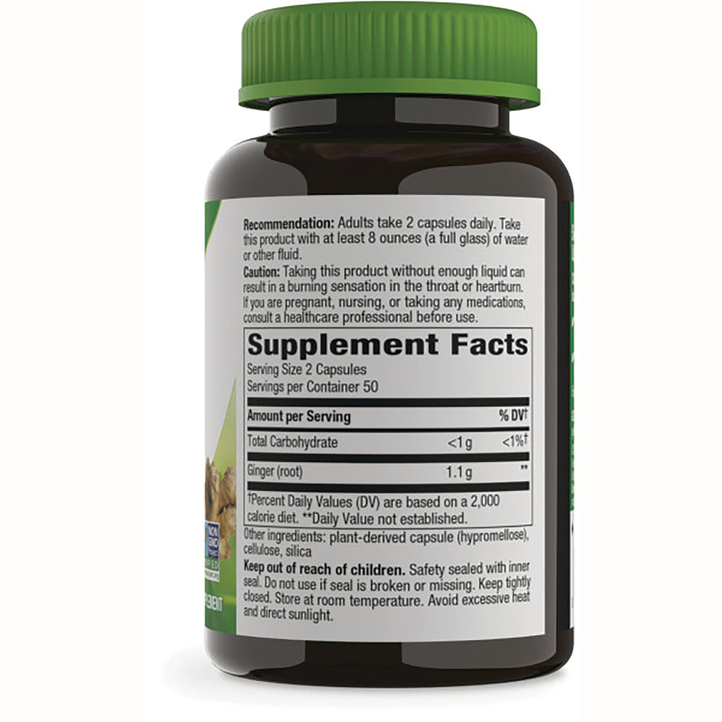 NW139 | back label of brown supplement bottle showing Supplement Facts, serving size 2 capsules, ginger (root) 1.1 g - Thumbnail