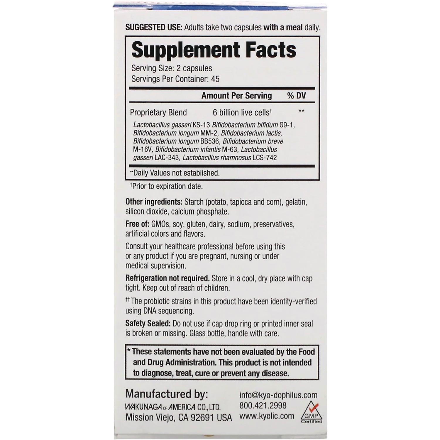 KY072 | back panel showing Supplement Facts, ingredients, storage and manufacturer information