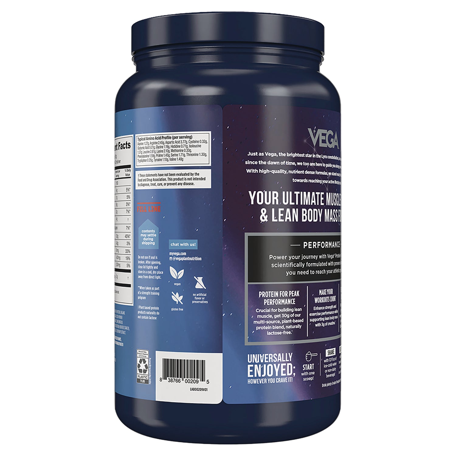 VGA010 | Back of Vega protein powder tub showing nutrition facts, barcode, and claims icons