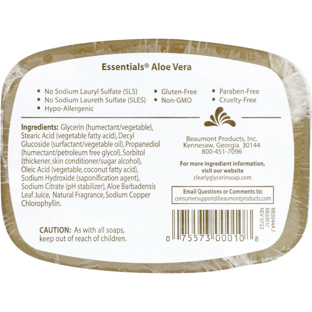 CLN004 | Back label of Essentials Aloe Vera soap showing ingredients, cautions, company info and barcode - Thumbnail